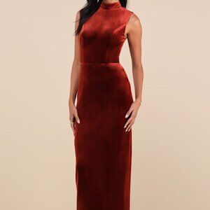 Lulus Notorious Stunner Rust Velvet Mock Neck Backless Maxi Dress Red - Size L